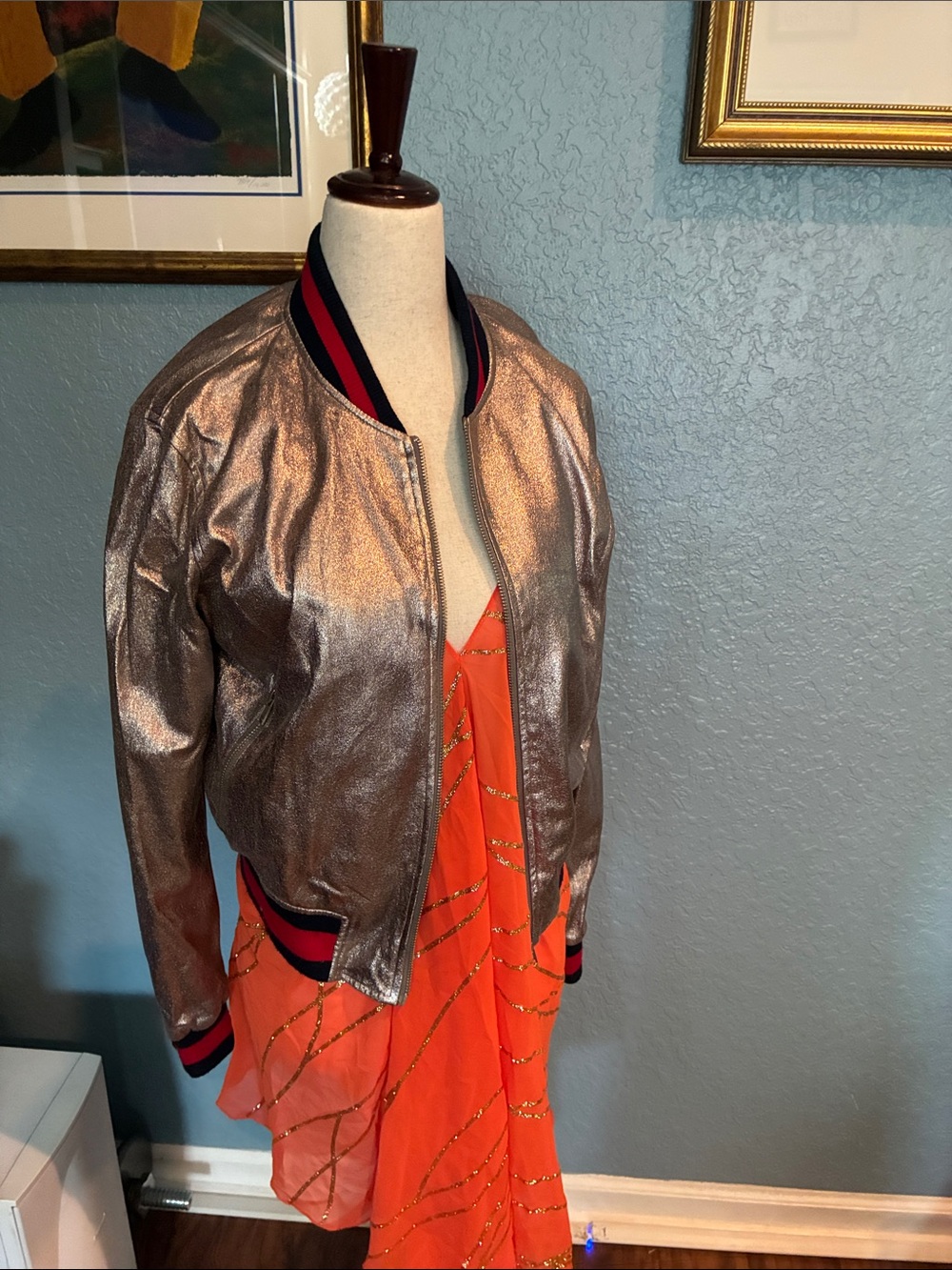 Honey Punch Metallic Bronze Bomber Jacket with Navy & Red Trim